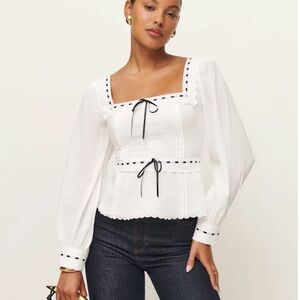 Reformation Haisley Top White Blouse with Black Trim